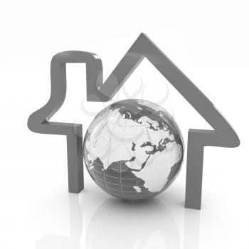 3d green icon house, earth on white background 