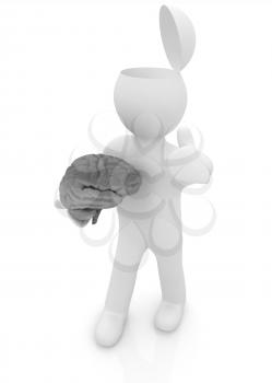 3d people - man with half head, brain and trumb up. 