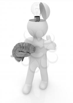 3d people - man with half head, brain and trumb up. Idea concept