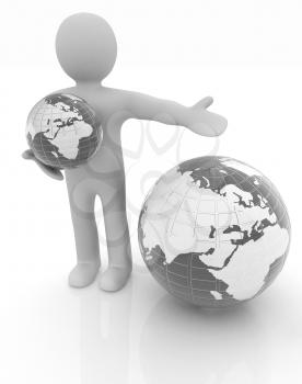 3d people - man, person presenting - pointing. Global concept with earth