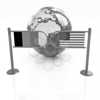 Three-dimensional image of the turnstile and flags of USA and Belgium on a white background 