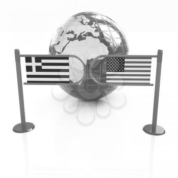 Three-dimensional image of the turnstile and flags of USA and Greece on a white background 