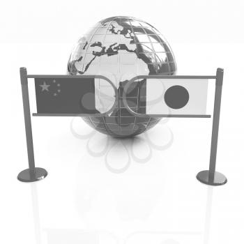 Three-dimensional image of the turnstile and flags of China and Japan on a white background 