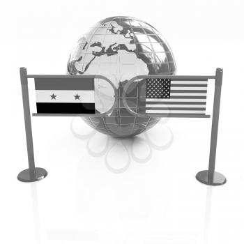 Three-dimensional image of the turnstile and flags of USA and Syria on a white background 