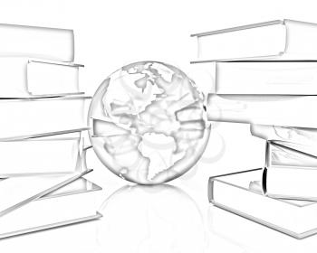 Colorful books and earth on a white background