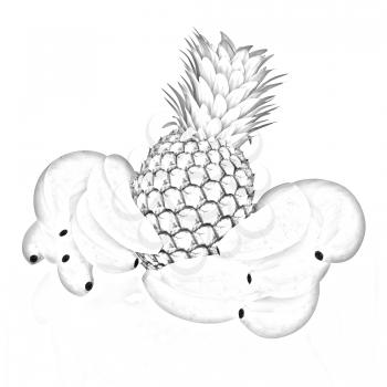 pineapple and bananas on a white background