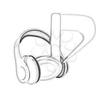 headphones and 3d note on a white background