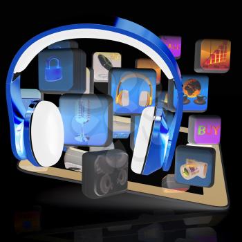 Phone gold on tablet pc with cloud of media application Icons on a white background