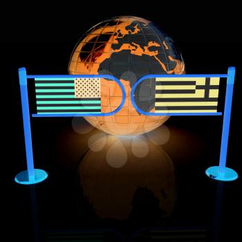 Three-dimensional image of the turnstile and flags of USA and Greece on a white background 