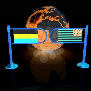 Three-dimensional image of the turnstile and flags of USA and Russia on a white background 