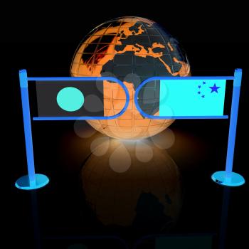 Three-dimensional image of the turnstile and flags of China and Japan on a white background 