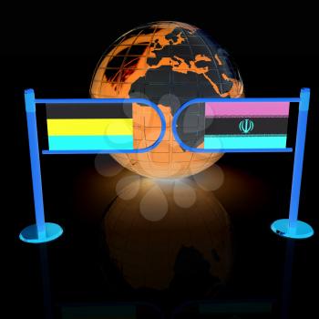 Three-dimensional image of the turnstile and flags of Russia and Iran on a white background 