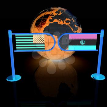 Three-dimensional image of the turnstile and flags of USA and Iran on a white background 