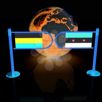 Three-dimensional image of the turnstile and flags of Russia and Syria on a white background 