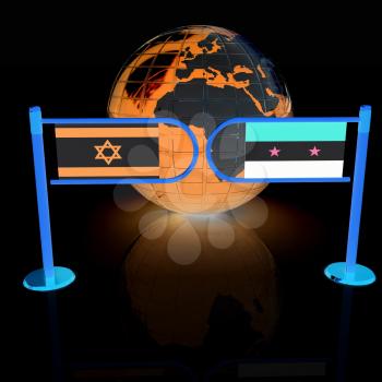 Three-dimensional image of the turnstile and flags of Israel and Syria on a white background 