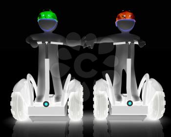 3d people in riding on a personal and ecological transport in helmet and holding hands. Concept of partnership