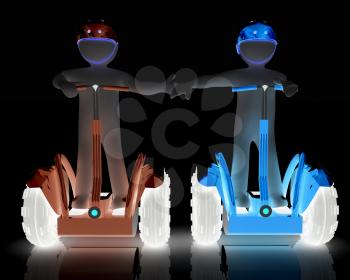 3d people in riding on a personal and ecological transport in helmet and holding hands. Concept of partnership