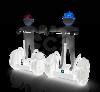 3d people in riding on a personal and ecological transport in helmet and holding hands. Concept of partnership