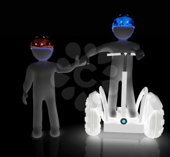 3d people in riding on a personal and ecological transport in helmet and holding hands. Concept of partnership