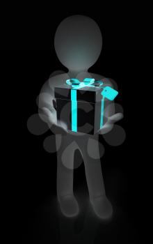 3d man and gift with red ribbon on a white background 