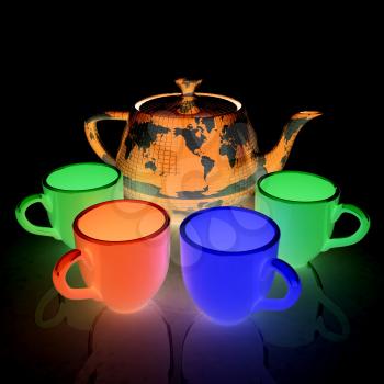 colorfull cups and teapot for earth. Globally. Drink for the entire planet.Concept of communication