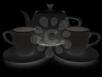 3d cups and teapot on a white background