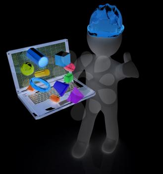 3D small people - an engineer with the laptop presents 3D capabilities on a white background