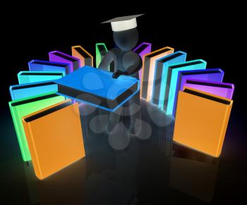 3d white man in a graduation hat with useful books - best gift a student on a white background