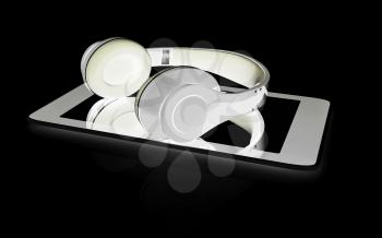 a creative cellphone with headphones isolated on white, portable audio concept 