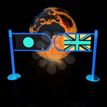 Three-dimensional image of the turnstile and flags of UK and Japan on a white background 