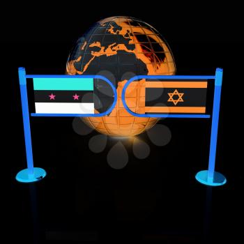 Three-dimensional image of the turnstile and flags of Israel and Syria on a white background 