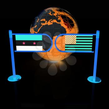 Three-dimensional image of the turnstile and flags of USA and Syria on a white background 