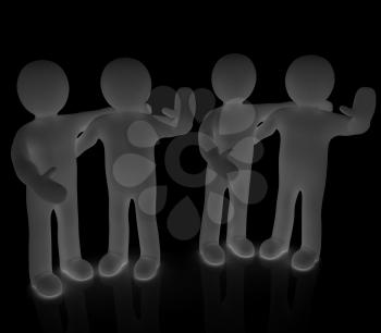 Friends standing next to an embrace and raised one's hand for greeting. 3d image. Isolated white background. 