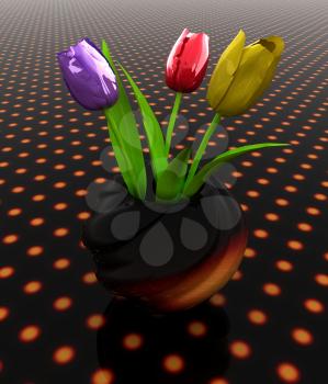 Tulips with leaf in vase