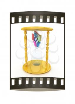 3d hourglass with the books inside on a white background. The film strip