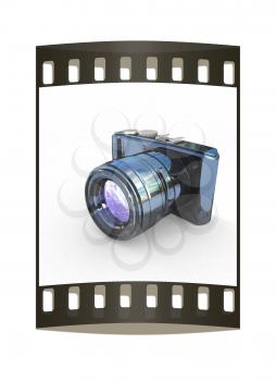 3d illustration of photographic camera on white background. The film strip