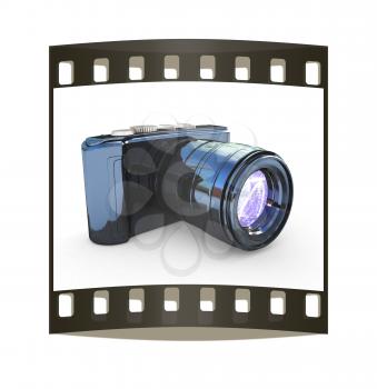 3d illustration of photographic camera on white background. The film strip