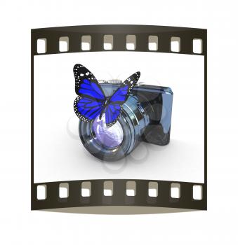 3d illustration of photographic camera and butterfly on white background. The film strip