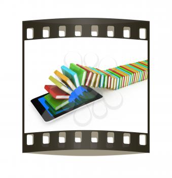 tablet pc and colorful real books on white background. The film strip