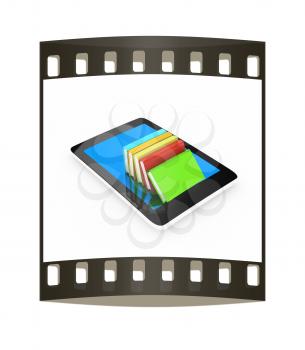 tablet pc and colorful real books on white background. The film strip