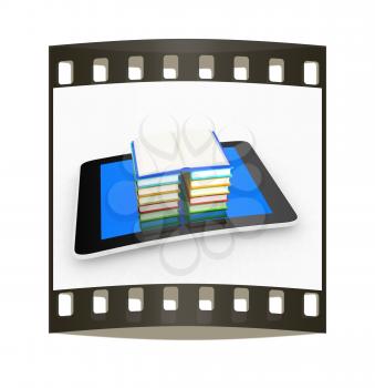 tablet pc and colorful real books on white background. The film strip