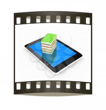 tablet pc and colorful real books on white background. The film strip