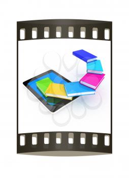 tablet pc and colorful real books on white background. The film strip