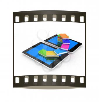 tablet pc and colorful real books on white background. The film strip