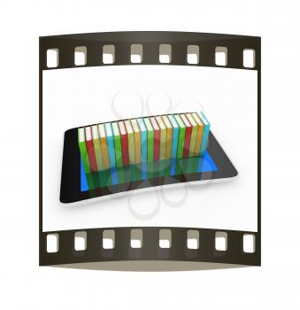 tablet pc and colorful real books on white background. The film strip