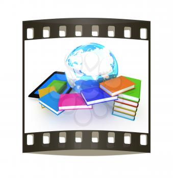 tablet pc and earth with colorful real books  on white background. The film strip