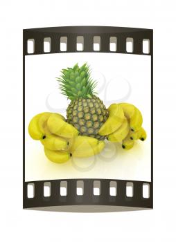 pineapple and bananas on a white background. The film strip