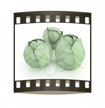 Green cabbage on a white background. The film strip