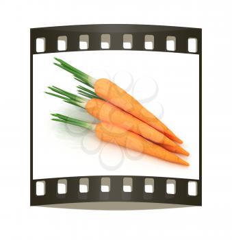 Heap of carrots on a white background. The film strip