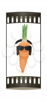 carrot with sun glass and headphones front face on a white background. The film strip